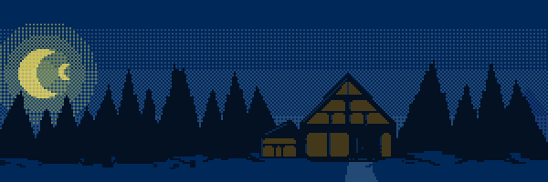 pixel art drawing of night sky and a cottage